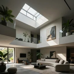 “a modern brutalist apartment with minimalist furnishings and art, high ceilings and skylights, houseplants, photographed by Annie Liebovitz”
