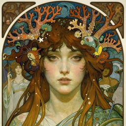 realistic detailed face portrait of a Water elemental monk girl with a coral reef rising out of her hair by Alphonse Mucha, Ayami Kojima, Amano, Charlie Bowater, Karol Bak, Greg Hildebrandt, Jean Delville, and Mark Brooks, Art Nouveau, Neo-Gothic, gothic, rich deep moody colors