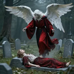 aesthetically pleasing image of the whitewinged angel of death wearing a crimson and black robe descending on the innocent in their graves