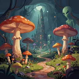 psychedelic mushrooms, enchanted alien world, aliens, wide angle shot, vector art, illustration by frank frazetta and salvador dali