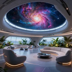 ultra modern concept design of a vast spaceship interior, futuristic chairs and sofas can be seen in the foreground, a large colorful nebula can be seen from a window, large plants in the background, in the style of Guardians of the Galaxy and Blade Runner and Ruan Jia, wide angle shot C 25.0