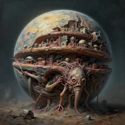 airbrushed vivisected machine 1 9 6 1 tiered, stacked, layered and ancient embedded in grotesque heavy gravity planet, half sunken creature by kelly freas, basil gogol fine art masterpiece baked at 3 0 0 f, matte painting, cold lighting, aged with sunlight, award winning horror, cinematic