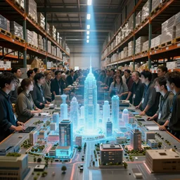 large group people in a huge warehouse, looking at hologram of futuristic city on a table | cinematic concept art | godrays | 4 k | clear details | tabletop buildings | tabletop | hologram foreground