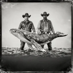 tintype photo, bottom of the ocean, cowboys holding a whale