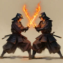 Two samurais with flaming swords fighting, 8k, concept art, elegant, cinematic lighting, detailed painting