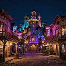 A street-level view of a magical wild-west town at night with wooden buildings and colorful neon lights; beautiful, dangerous, detailed, best on artstation, cgsociety, wlop, cosmic, epic, stunning, gorgeous, masterpiece