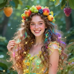 smiling fruits goddess ; by james jean, charlie bowater, tom bagshaw : : enchanting, colorful, magical, glowing, sparkle, nature, iridescent portrait, character design, illustration, hyperrealism, photorealism, digital art, concept art, fantasy, whimsy, weta, wlop, artstation, epic