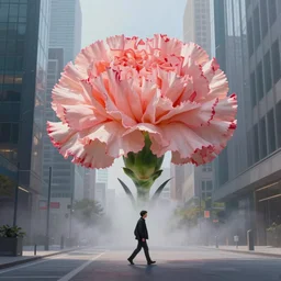 giant carnation flower head, man walking in a modern city explode, surreal photography, dramatic light, impressionist painting, fog, digital painting, artstation, simon stalenhag, floria sigismondi