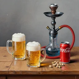 detailed painted still life with mugs of beer, hookah, can of coca cola cup with pistachios on a wooden table by cloud mone