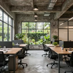 greatest interior design for industrial office, fully furnished, natural lighting, garden view from inside highly detailed photography.