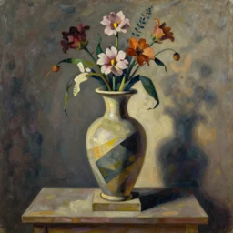 ultrafine detailed painting of an abstract vase with flowers on top of a plinth. biomorphic, still life by julian schnabel and john chamberlain, tonalism, oil on canvas, surrealist painting, wikiart, behance, conceptual art, academic art
