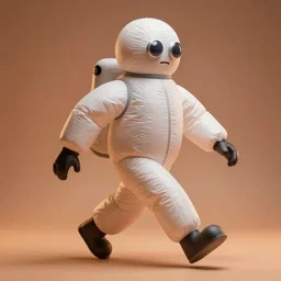 a single striding slender action figure of a giant inflated hazmat suit wearing man with long bendy arms and legs, googly eyes, tareme eyes, small head, personification, dynamic pose, detailed product photo, tone mapped, beautiful composition, orange misty uplight, 8 5 mm, f 5. 8