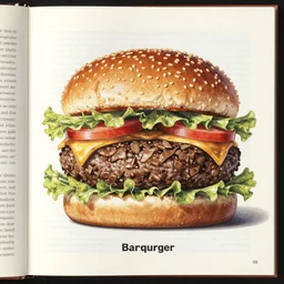 biologically accurate anatomical description of a hamburger, medical book, full page, quadrichromic