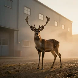 a cinematic faded shadow of a majestic but small deer standing outside a very large industrial building with small windows, golden light, thick mist, backlit, insane details, hyperrealistic photo by jimmy nelson, trending on artstation