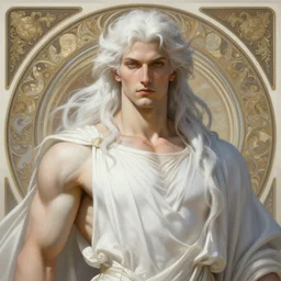 painted portrait of god of the universe, divine god, white hair, muscular, invincible, beautiful, upper body, white robe, fantasy, intricate, elegant, highly detailed, digital painting, artstation, concept art, smooth, sharp focus, illustration, art by gaston bussiere and alphonse mucha