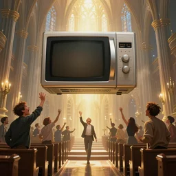 people screaming at a giant floating microwave in center of a futuristic church