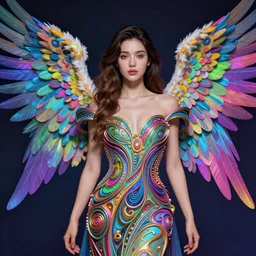 a super realistic young woman, angelic wings, fantasy, intricate, synthwave, retrowave, colorful, vibrant, highly-detailed, elegant, dramatic lighting, gorgeous face, lifelike, photorealistic face, long luxurious intricate gown, digital painting, artstation,  illustration, concept art, smooth, sharp focus, art by Jude Palencar, Luis Royo, John Collier, artgerm, and Albert Aublet and Krenz Cushart and Artem Demura and Alphonse Mucha