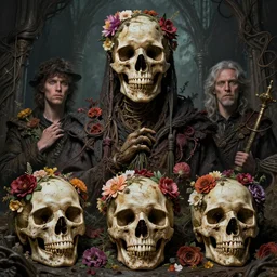 skulls covered in flowers art by wayne barlowe, noah bradley, patrick woodroffe, dariusz zawadzki. extremely high details, realistic, masterpiece, gothic horror artstation contest winner cinematic detailed and intricate environment