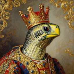 the royal king's turtle head by greg hildebrant lisa frank fancy rococo baroque regal oil painting high quality award winning clothed in fancy garb