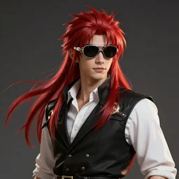 An epic fantasy comic book style portrait painting of young man with red spiked long hair, using googles. Wearing a black waistcoat, white shirt. Unreal 5, DAZ, hyperrealistic, octane render, cosplay, RPG portrait, dynamic lighting