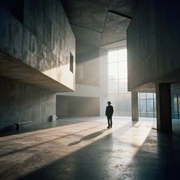 Hyper realistic photo of a interior brutalist museum, alone man with suit and hat in the distance, sun rays at sunset, hard shadows, fog, Hyper realistic film photography, Zeiss 24mm f2.8, Hasselblad, insanely detailed, sharp focus