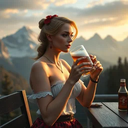 1 9 4 0 s german pinup girl drinking beer, the alps are in the background, unreal engine, global illumination, radiant light, detailed and intricate environment