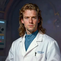 young james coburn as surgeron, portrait, fantasy art, in the style of artgerm, illustration, epic, fantasy, intricate, hyper detailed, artstation, concept art, smooth, sharp focus, ray tracing, vibrant, photorealistic, simon bisley