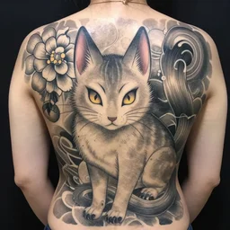 amazingly detailed greyscale japanese kitsune back tattoo