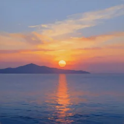beautiful sunset over the ocean with mountains in background, clear sharp oil paint highly detailed ethereal, by trending on artstation