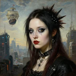 close up portrait of a punk goth girl in a cyberpunk city with flying sailing ships in the sky, oil painting by canaletto hieronymus bosch leonardo da vinci