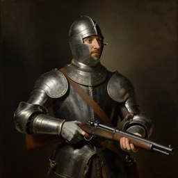 portrait painting of a medieval knight  holding a machine gun  by George Stubbs, renaissance painting, oil painting, old master