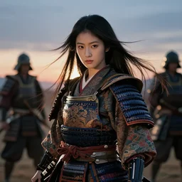gorgeous japanese warrior princess in a battle scene, open long hair, beautiful intricately decorated clothing, perfect face, natural pose, backlight, dusk, shallow depth of field, fantasy matte painting, coherent composition, karole bak, mohrbacher, hasui kawase