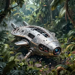 crushed alien spaceship in jungle, concept art by noah bradley, darek zabrocki, tyler edlin, jordan grimmer, neil blevins, james paick, natasha tan, highly detailed, ultra detailed, ultra realistic, trending on artstation