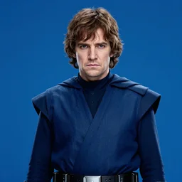 a portrait of anakin skywalker looking firmly into the camera, wielding a blue lightsaber, detailed, cinematic, raytracing, realistic, detailed, cinematic, raytracing, realistic