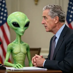 an alien is talking with president bush, realistic