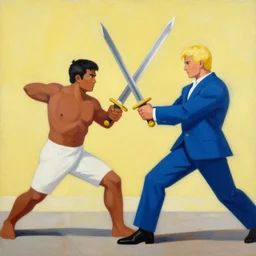 a filipino man with a sword charging at a blond man in a blue suit with a sword, organic painting, sunny day, matte painting, bold shapes, hard edges, street art, trending on artstation, by huang guangjian, gil elvgren, ruan jia, randy vargas, greg rutkowski