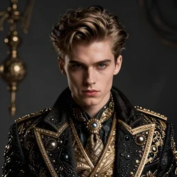 portrait of arrogant powerful young man with luxury clothes, by greg rutkowski, by zdzislaw beksinski, very detailed, ornate, intricate, octane render, dark color lighting, volumetric lighting, 8 5 mm