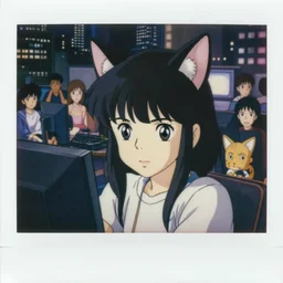 a film still polaroid portrait of a 1 9 8 0's young catgirl at a gaming pc, finely detailed features, closeup at the faces, perfect art, busy city, gapmoe yandere grimdark, trending on pixiv fanbox, painted by ilya kushinov makoto shinkai takashi takeuchi studio ghibli, akihiko yoshida, sachin teng, huang guangjian, artstation