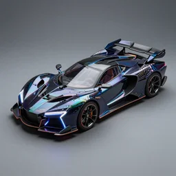 photo of a box - shaped dark glass and plastic iridescent octopus skin futuristic car with aerodynamic fins and canards, venturi tunnels, neon lights