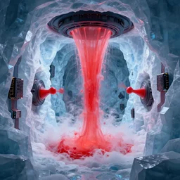 liquid nitrogen and red water-cooling coolant flowing through latent representations of ice caverns by centrifugal forces, gaming pc circuitry sticking out the walls!!!!, high detail, high contrast!, low-poly elements!!!, trending on artstation, octane render, subsurface scattering, 4k