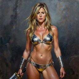 the portrait of jennifer aniston as amazon warrior, metal bikini by roberto ferri, fantasy, witcher, very detailed oil painting, masterpiece, 8 k
