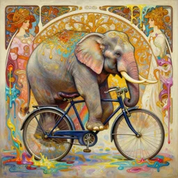 an hiper intricate oil painting of a beautifull elephant in a velocipede surounded by melting colorfull wax drips, colorfull, excelent composition, wide shot, by yoshitaka amano, by greg rutkowski, by alphonse mucha by jeremyg lipkinng, by rhads, by ross tran, artstation, octane render