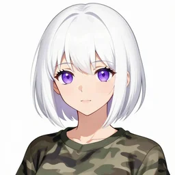 black anime manga girl, wearing camo, purple eyes, white french bob