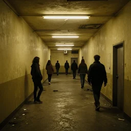 the backrooms, the eerie forlorn atmosphere of a place that's usually bustling with people but is now abandoned and quiet, walls with tone of yellow, buzzing fluorescent lights, unsettling images, liminal space