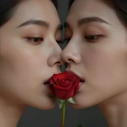 hight focus of a wonderful sweet wonderful symmetrical profile portrait of a lady with a clear skin, with a rose in the center of her lips, daz, emotional, new concept art, new interpretation of portrait, new era, digital art, fine art, dramatic light, cinematic, expressive, artstation, octane render 8 k s 1
