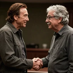 nick cage meets carl sagan and they are shaking hands and looking into each other's eyes