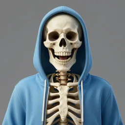 a beautiful, hyperrealism, naturalistic 3 d rendered matte painting and symmetrical portrait of a glee skeleton wearing a white string attached light blue hoodie who smiles tremendously, and excites his bone face full of joy and pure happiness, in the style of james jebusa shannon, reisha perlmutter and finnian macmanus : 5