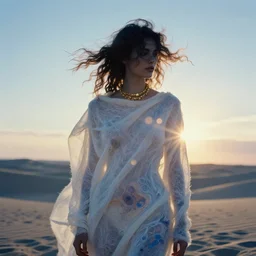 filmstill photography of female body sulhouette covered with curly white translucent blanket blowing in wind, acrylic liquid colors, luxurious supermodel photoshooting, golden jewelry, bokeh, godrays, strong wind, wrinkles, sunrays, sunset, lens flares, monet, painting by renoir, cold colors, sand dunes