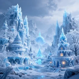 ethereal magical ice village, highly detailed, 4k, HDR, award-winning, octane render, artstation