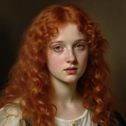 a portrait of a girl with red curly long hair and green eyes, with a pretty frame and a devoted posture, a tear slides down her left cheek while she looks at the viewer, in the style of lawrence alma - tadema, extremely detailed, golden ratio, 8 k